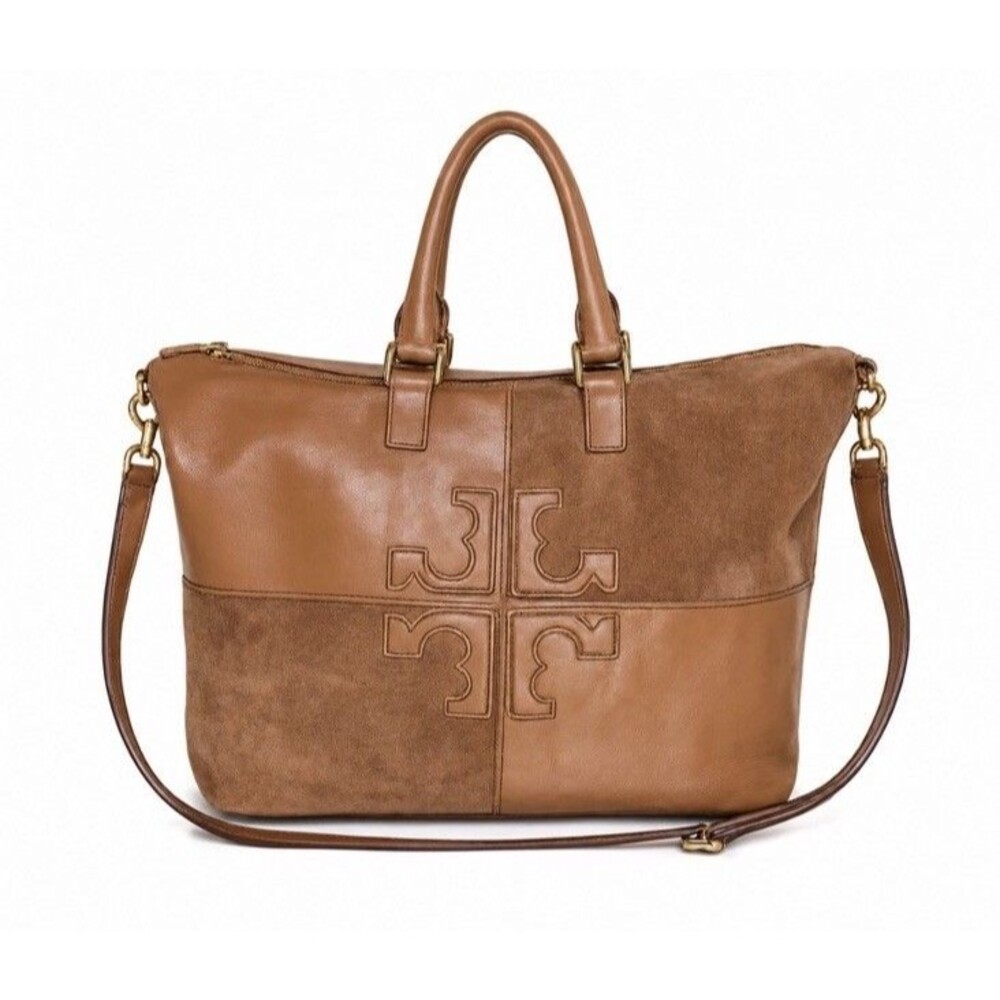 Tory Burch Natalie Patchwork Satchel Camel Brown Size Large Crossbody Strap